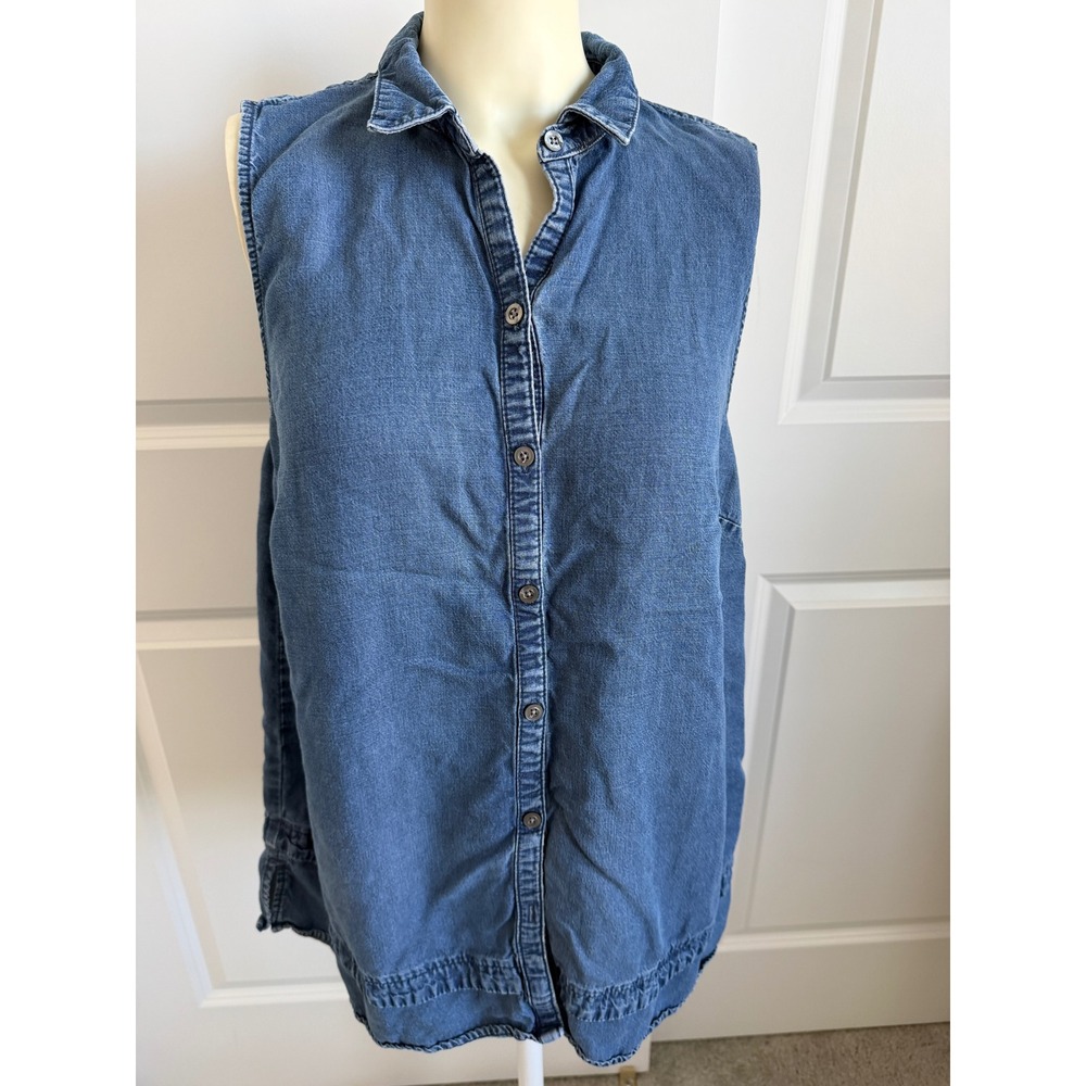 J. Jill Denim Sleeveless Button Down Shirt Tencel Linen Blue Chambray Large